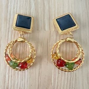 Liz Claiborne LCI gold tone multi color bead clip dangle earrings
